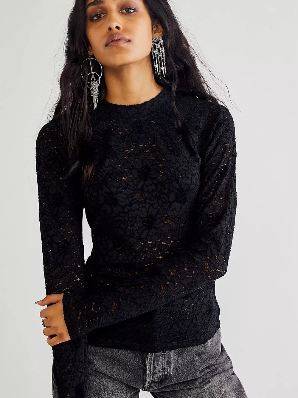 Free People Intimately Cloud Ride Black Lace Long Sleeve Top Size L